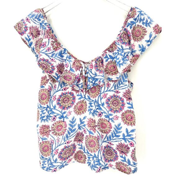 J Crew Ruffle V-Neck‎ Top Size S Floral Vine Block Print Tank Cotton Lined AN768 - Picture 2 of 12